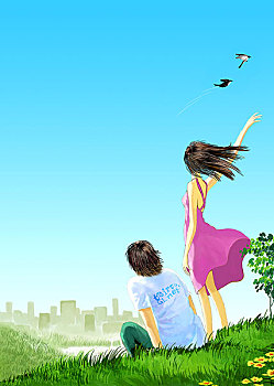 插画,蓝天,阳光,男孩,女孩,鸟,飞翔,远离都市,风,裙子