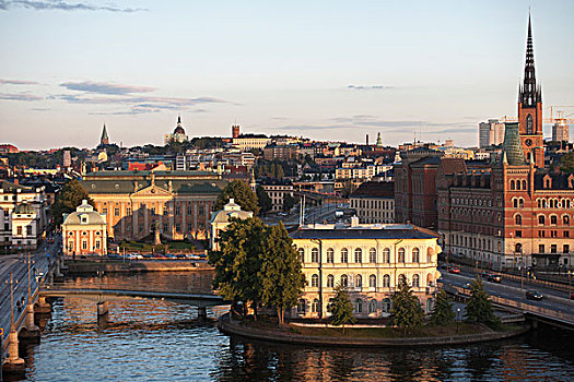 城市,日落,道路,水,斯德哥尔摩,瑞典