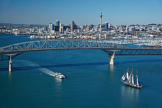 新西兰,高桅横帆船,乘客,渡轮,奥克兰海港大桥,港口,中央商务区,奥克兰,北岛