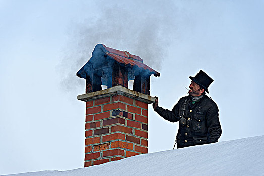 烟囱,清道夫,冬天,屋顶,烟雾,上巴伐利亚,巴伐利亚,德国,欧洲