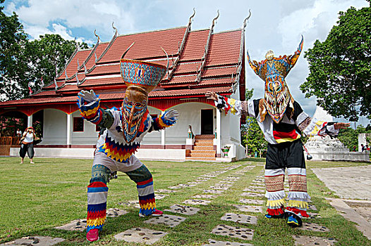 人,装扮,灵异,面具,彩色,服饰,节日,靠近,寺院,省,泰国,亚洲