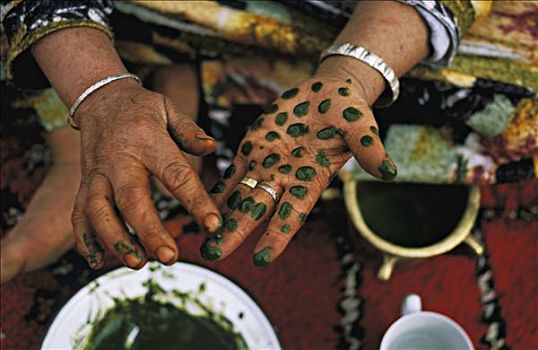 摩洛哥,山谷,女人,手,指甲花纹身
