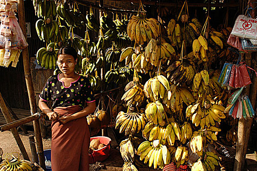 美女,销售,香蕉,市场,城镇,仰光,缅甸