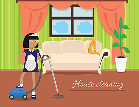 家务清洁,旗帜,女孩,胡佛电动吸尘器,制服,清洁,房子,清洁服务,服务,家务,家,生活,无尘室,插画