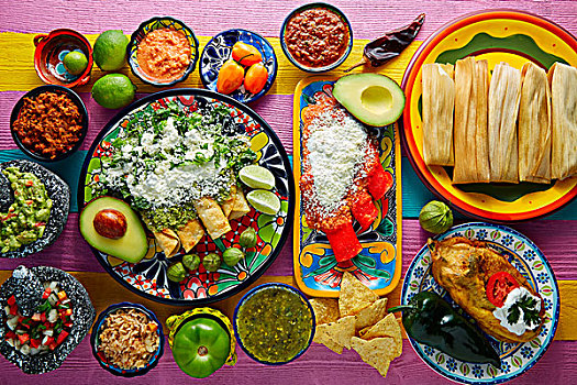 绿色,红色,玉米卷饼,墨西哥,酱,搅拌,彩色,桌子