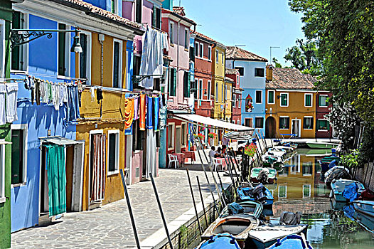 运河,捕鱼,船,布拉诺岛,乡村,酒吧,游客,房子,威尼斯,泻湖,意大利,欧洲