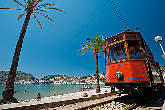 西班牙,港口,有轨电车,过去,海滩,马略卡岛