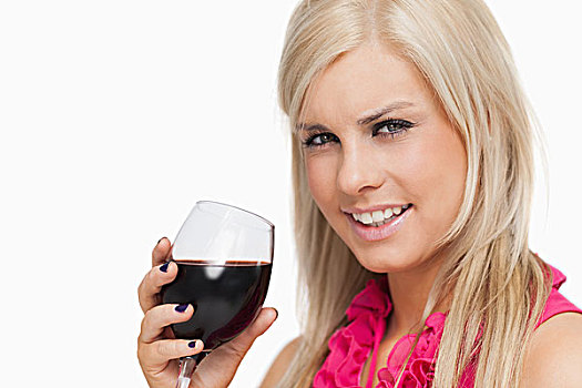微笑,金发,喝,葡萄酒杯,白色背景
