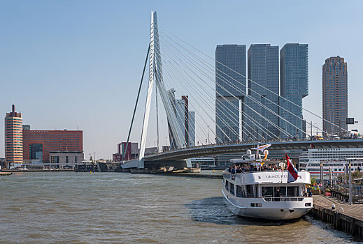 荷兰鹿特丹港口的现代建筑和伊拉斯缪斯大桥和游轮