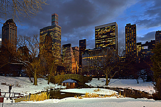 美国,纽约,中央公园,夜晚,雪地,曼哈顿,背景
