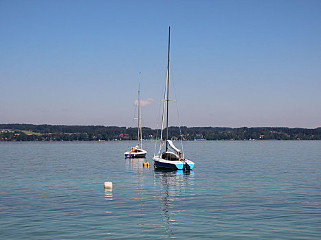 两个,帆船,蓝色背景,湖,山,背景