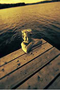 男孩,肖像,水中,靠着,码头