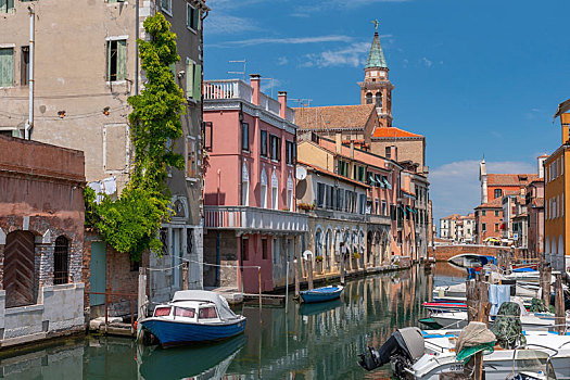 城市风光,运河,船,彩色,反射,水,美景,老城,基奥贾,威尼斯,意大利