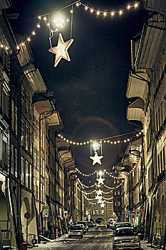 夜晚,风景,圣诞节,星,光亮,街道,洛桑,瑞士