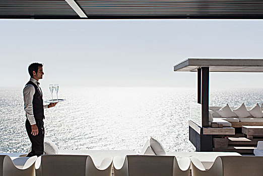 服务员,香槟,简易屋舍,远眺,海洋