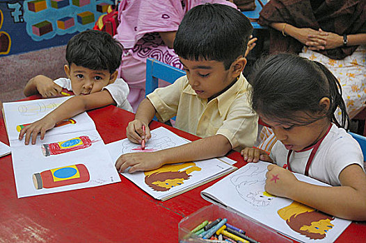 学生,英国人,学校,达卡,读,教室,孟加拉,一月,2007年