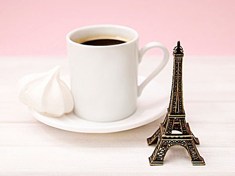 构图,迷你,埃菲尔铁塔,一杯咖啡,蛋白甜饼