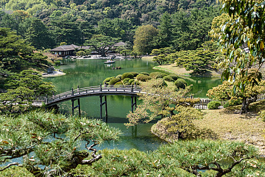 航拍,步行桥,俯视,装饰,水塘,花园,日本