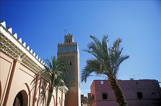 摩洛哥,库图比亚清真寺,尖塔,棕榈树