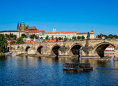 风景,上方,伏尔塔瓦河,查理大桥,城堡,大教堂,布拉格,波希米亚,捷克共和国,欧洲
