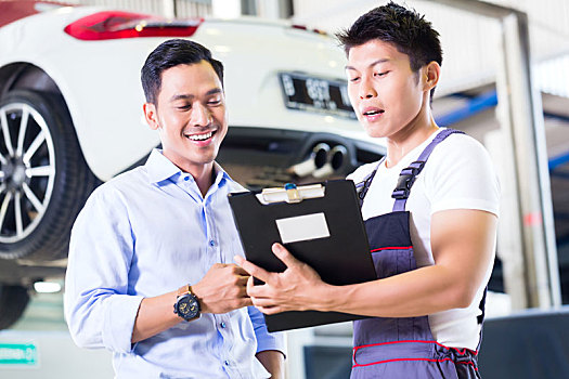 汽车修理,顾客,亚洲人,汽车,工作间