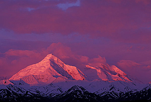 美国,阿拉斯加,德纳里峰国家公园,鲜明,红色,高山辉,阿拉斯加山脉,顶峰