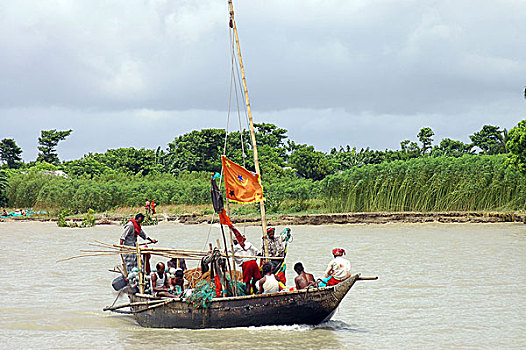 抓住,鱼,河,孟加拉,七月,2005年,收入,降临节,季风,水,移动,捕鱼