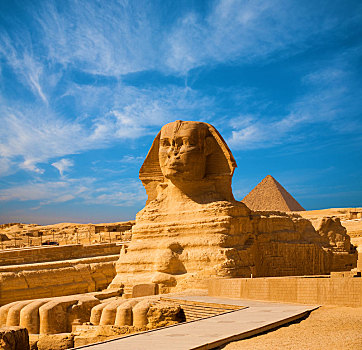 狮身人面像,蓝天,金字塔,吉萨金字塔,埃及