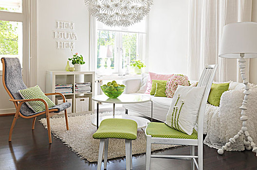 浪漫,客厅,椅子,绿色,座椅,垫子,相配,脚凳,扶手椅,舒适,白色,沙发,茶几