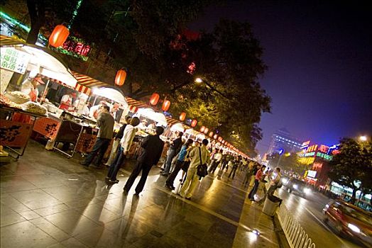 中国,北京,行人,购物,王府井,餐食,街道,特征,食物,上方