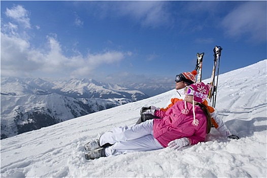 滑雪,卧,山顶,看,山