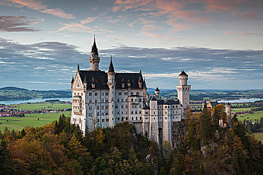 德国,巴伐利亚,旧天鹅堡,城堡,新天鹅堡,桥,风景,黃昏