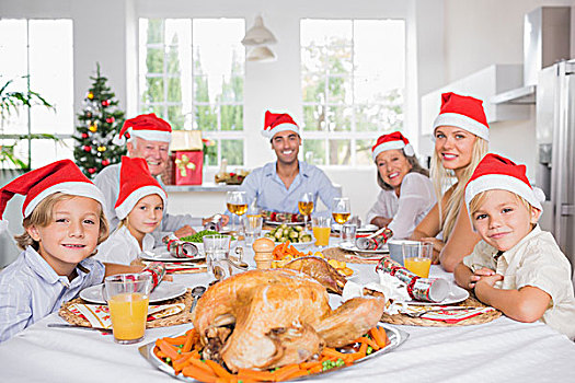 幸福之家,穿,圣诞帽,餐桌,圣诞节