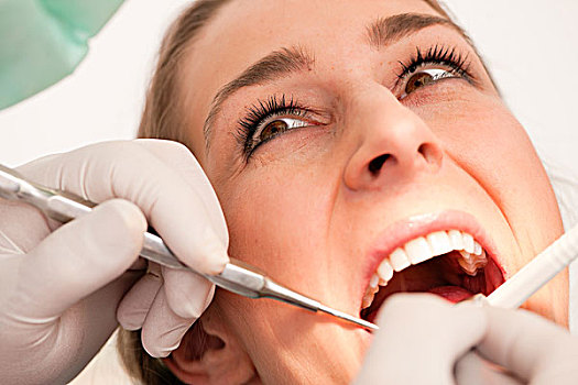 女病人,牙医,牙齿治疗,聚焦,眼睛