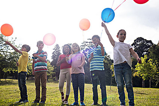 高兴,孩子,玩,气球,公园,晴天