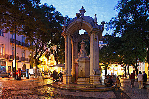 广场,饮水器,黄昏,历史,中心,里斯本,葡萄牙,欧洲
