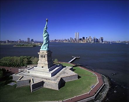 自由女神像,双子塔,市区,天际线,曼哈顿,纽约,美国