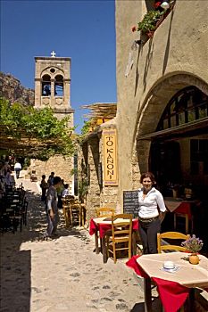 餐馆,教堂,中世纪,乡村,摩涅姆瓦西亚,老城,拉科尼亚,伯罗奔尼撒半岛,希腊