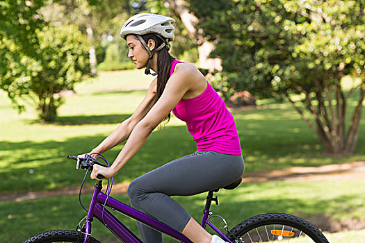 健身,女人,头盔,骑自行车,公园