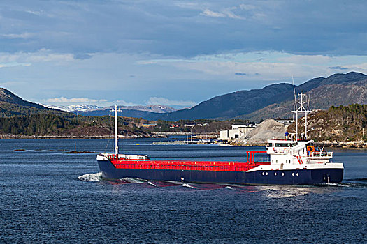 蓝色,红色,货船,帆,挪威,峡湾
