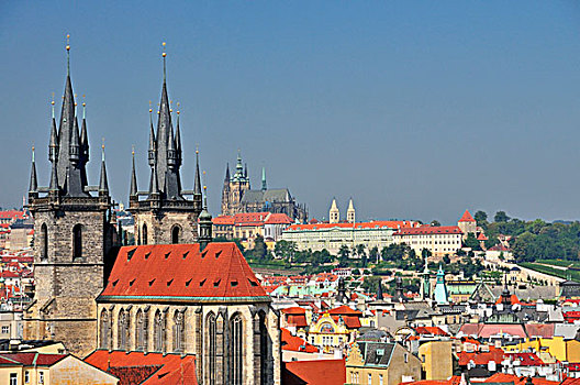 全景,风景,粉末,塔,泰恩教堂,古城区,布拉格,城堡,背影,波希米亚,捷克共和国,欧洲
