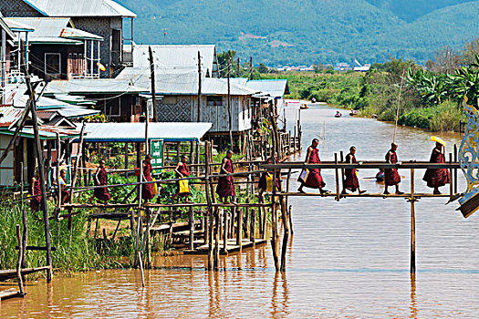 僧侣,走,桥,漂浮,乡村,茵莱湖,掸邦,缅甸,大幅,尺寸