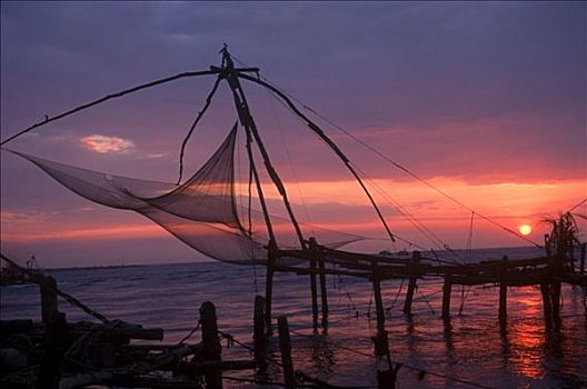 渔网,海洋,日落