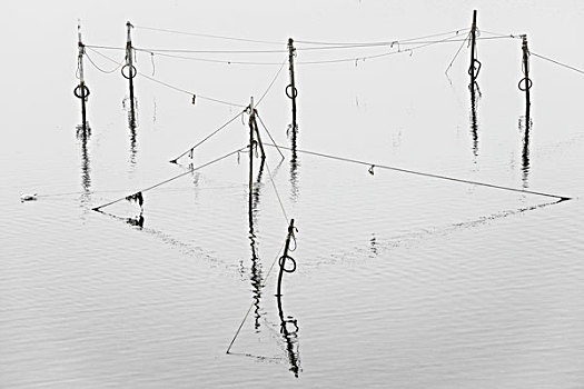 杆,绳索,渔网,安静,湖