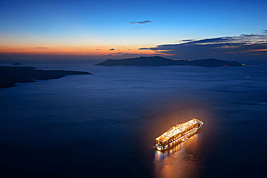 圣托里尼岛,游船,夜晚,希腊