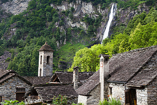 小村庄,瀑布,山谷,提契诺河,瑞士,欧洲
