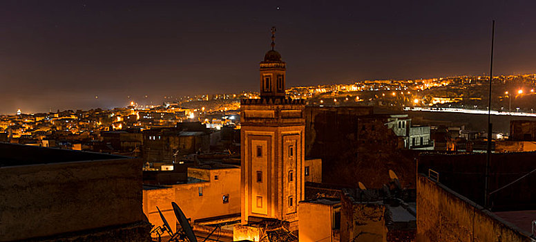 风景,光亮,老城,夜晚,清真寺,尖塔,摩洛哥,非洲