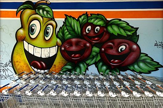 涂鸦,蔬菜,滑稽,超市,后面,购物车,柏林,德国,欧洲