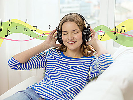 科技,音乐,高兴,概念,微笑,女孩,耳机,在家