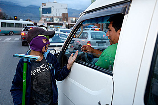 街道,儿童,男孩,11岁,戴着,面罩,挡风玻璃,玻利维亚,南美